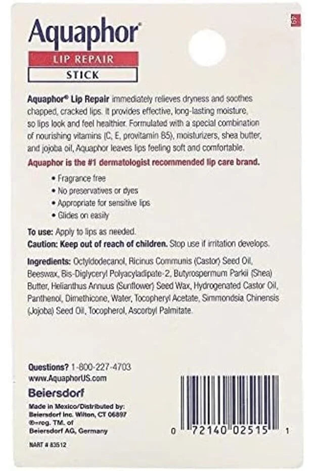 Aquaphor Lip Repair Stick Immediate Relief Fragrance-Free 1 Stick 0.17 oz (4.8 g)