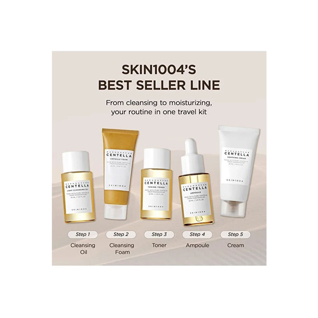 Madagascar Centella SKIN1004 Travel Kit, Toner, Ampoule, Soothing Cream, Cleansing Oil, Ampoule Foam