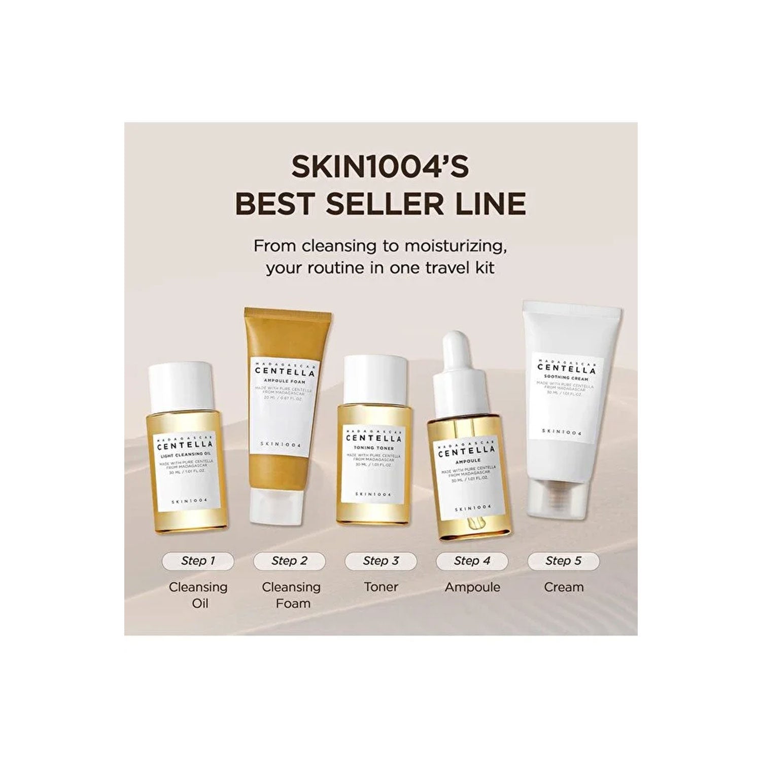 Madagascar Centella SKIN1004 Travel Kit, Toner, Ampoule, Soothing Cream, Cleansing Oil, Ampoule Foam