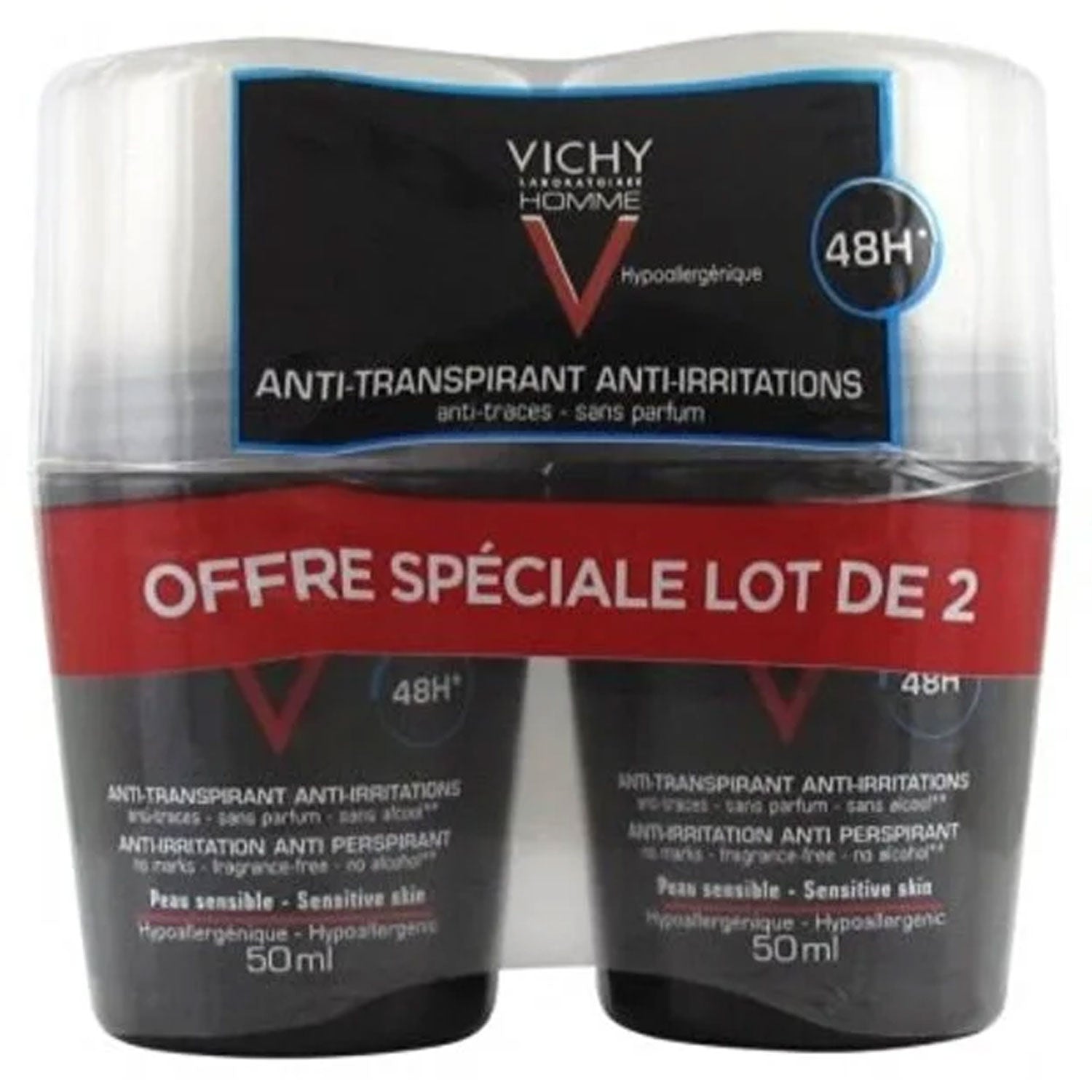 Vichy MAN DEODORANT ANTI PERSPIRANT ANTI IRRITATION 48 H ROLL ON LOT OF 2*50 ML